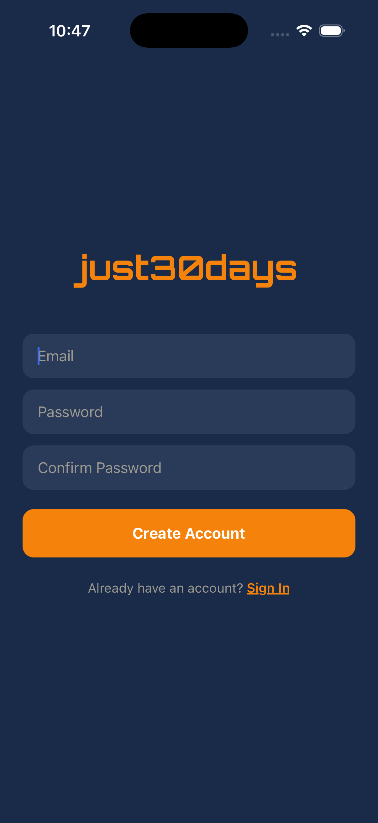 Sign up screen